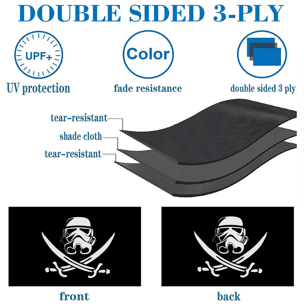 3x5ft double-sided black banner with white 501st Legion Clone Trooper skull and crossed blasters design.