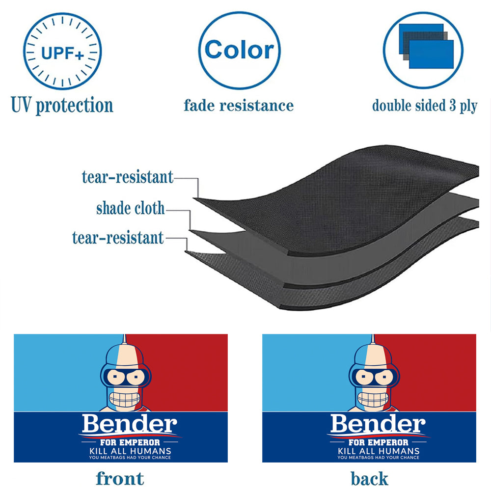 Bender for Emperor flag in red and blue with cartoon robot graphic and white text, displayed with fabric layer diagram.