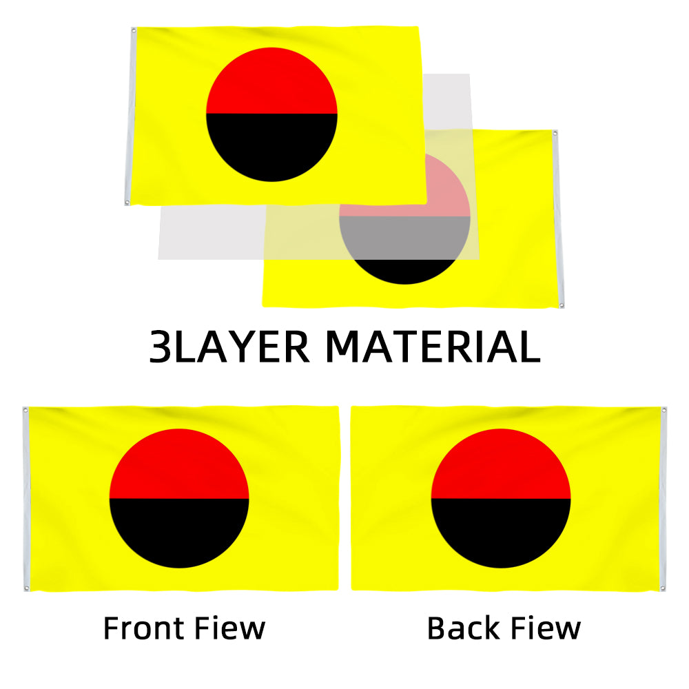 Yellow Choam flag with a red and black circle in the center, shown single and double sided with 3-layer material text.