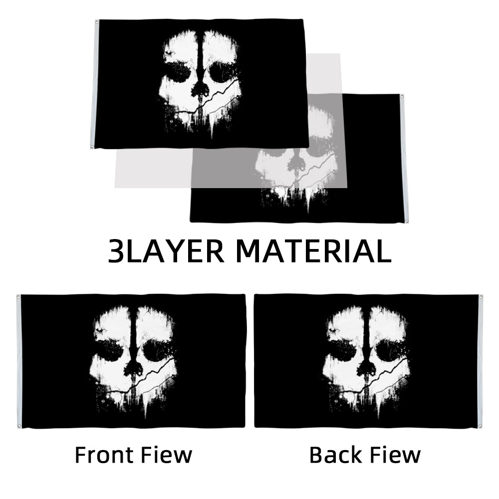 Black Ghost Face flag with white skull mask design, 3-layer material, double-sided print visible.