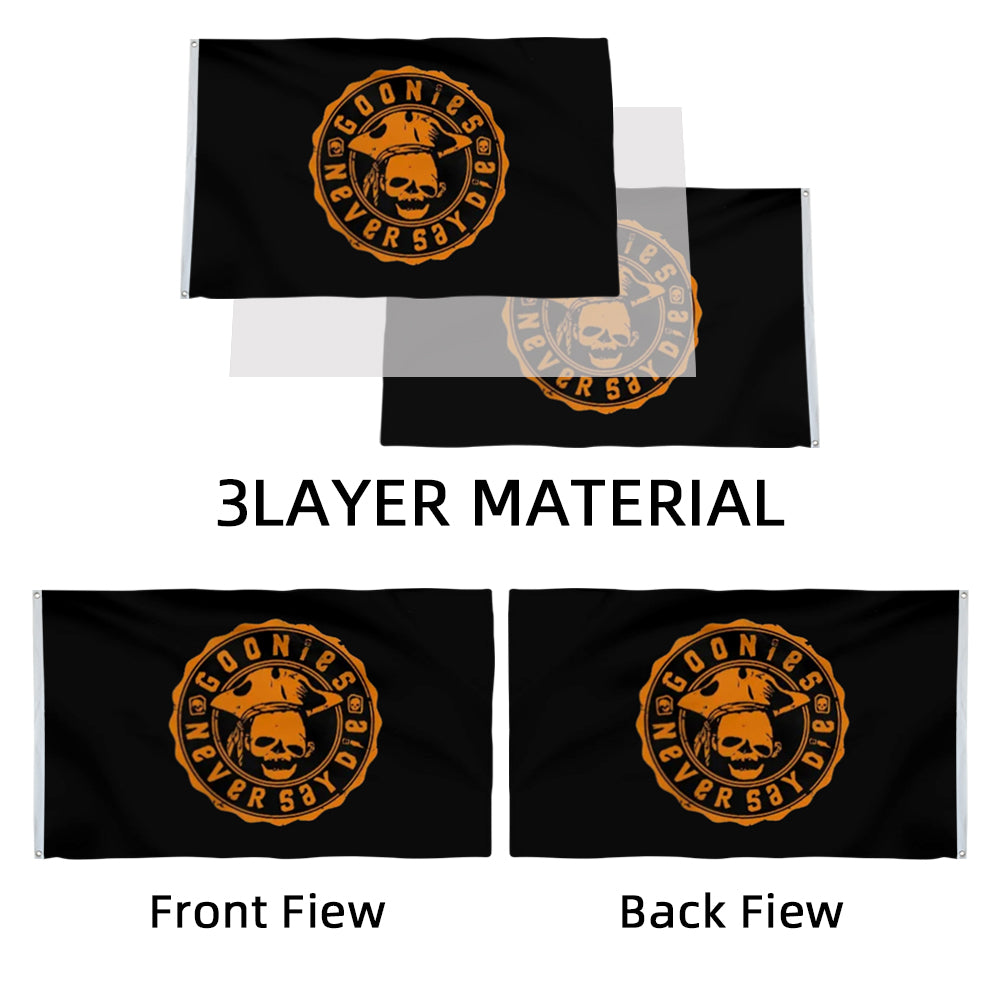 Black 3x5ft flag with orange skull and circular "Goonies Never Say Die" text, front and back views shown.