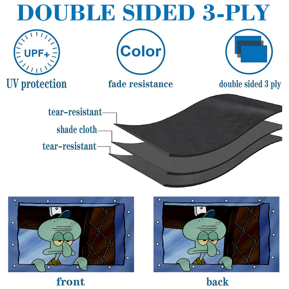 Double-sided 3-ply black fabric flag showing octopus cartoon character on both front and back sides.