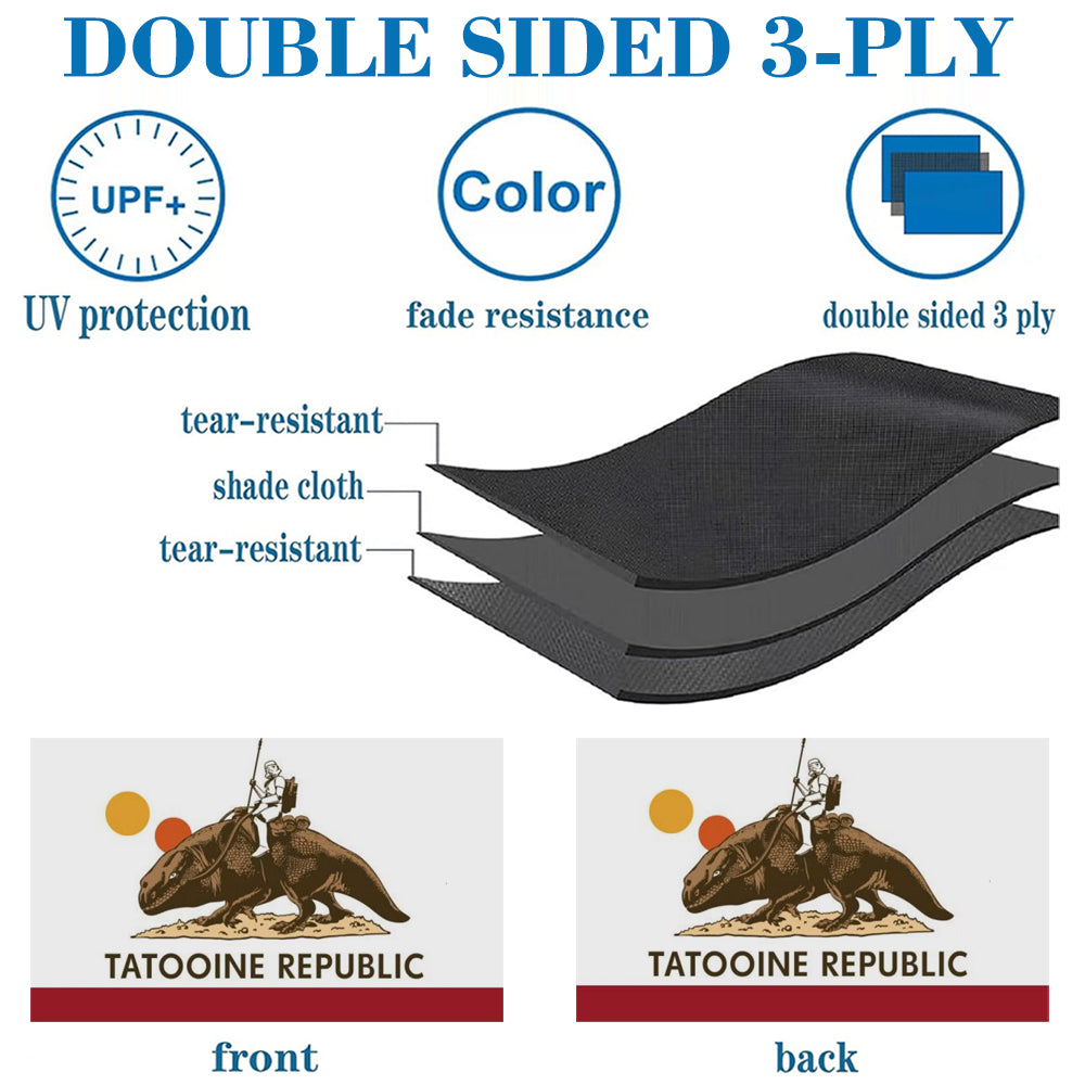 Tatooine Republic flag banner with twin suns and speeder bike graphic, double-sided 3-ply black backing.
