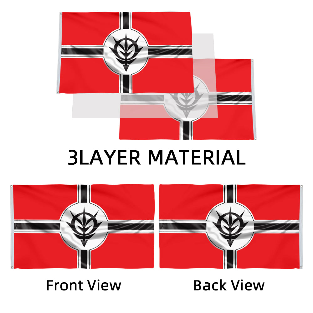 Red 3x5ft Zeon Gundam flag banner with black and white cross and emblem, double-sided 3-layer material.