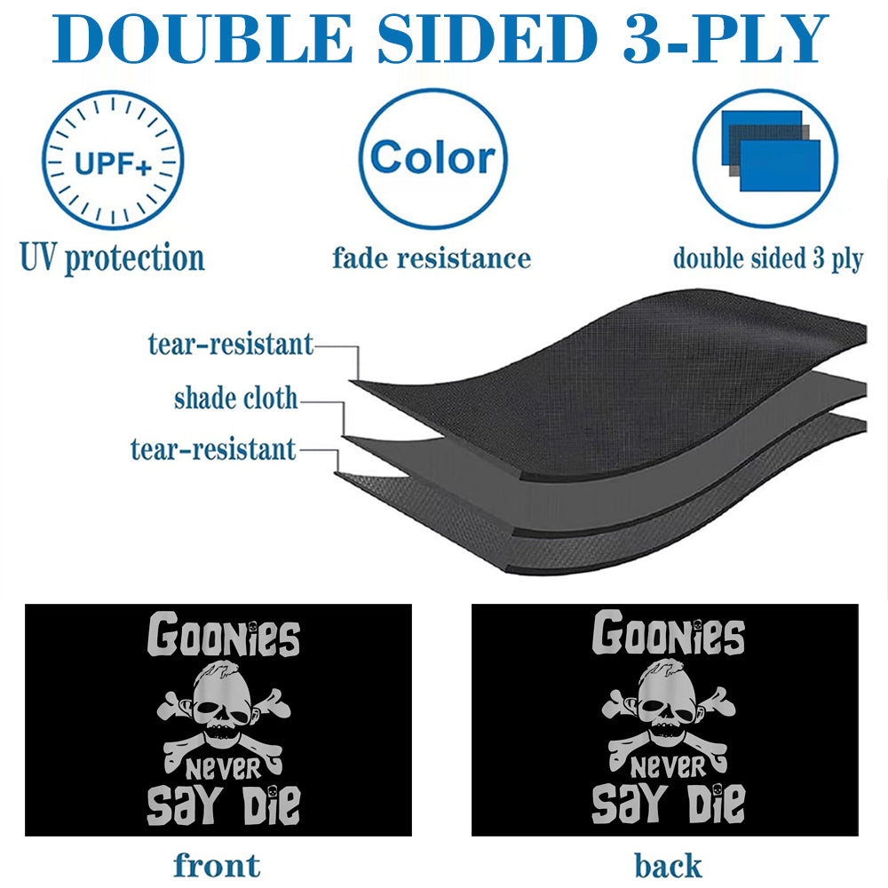 Black Goonies Never Say Die flag with skull and crossbones, double-sided 3-ply fabric.