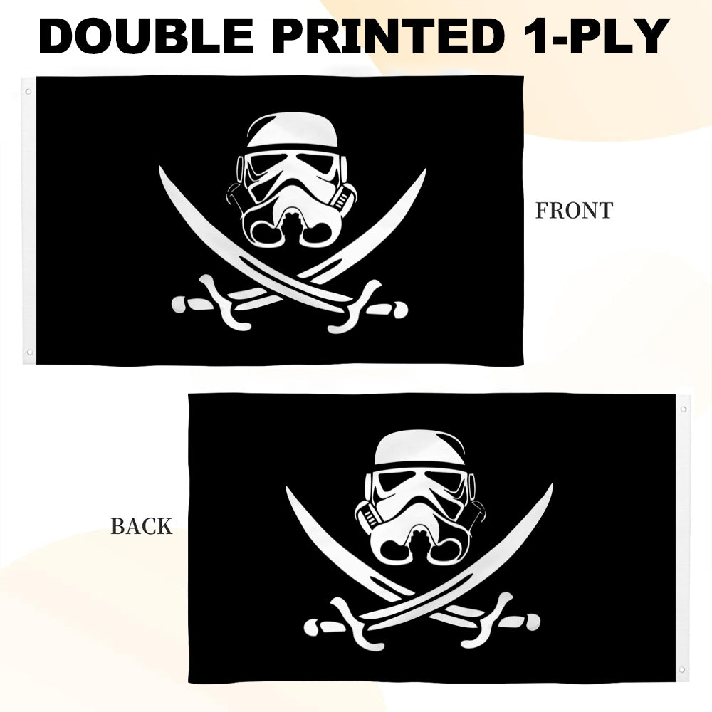 Black flag with white 501st Legion Clone Trooper helmet above crossed swords, double-sided print.