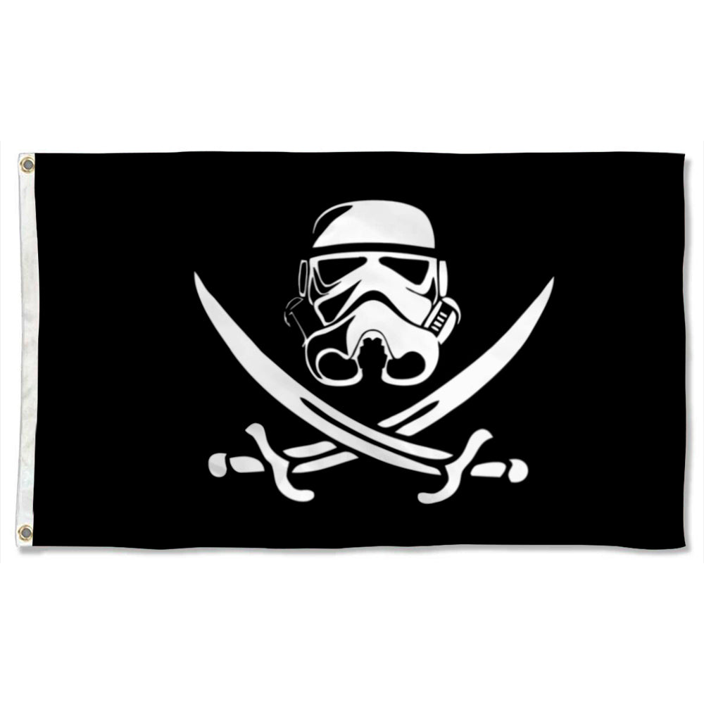 Black flag featuring a white 501st Legion clone trooper helmet above crossed swords design.