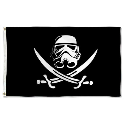 Black flag featuring a white 501st Legion clone trooper helmet above crossed swords design.