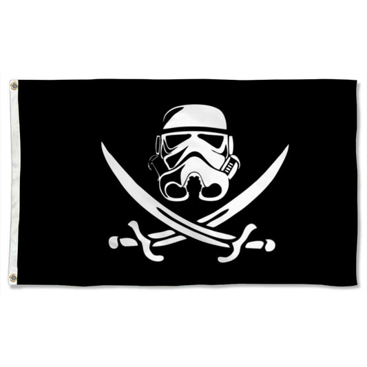 Black flag featuring a white 501st Legion clone trooper helmet above crossed swords design.