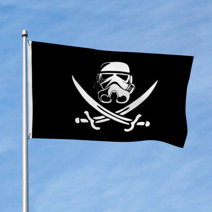 Black flag featuring a white 501st Legion Clone Trooper helmet above crossed pirate-style swords.