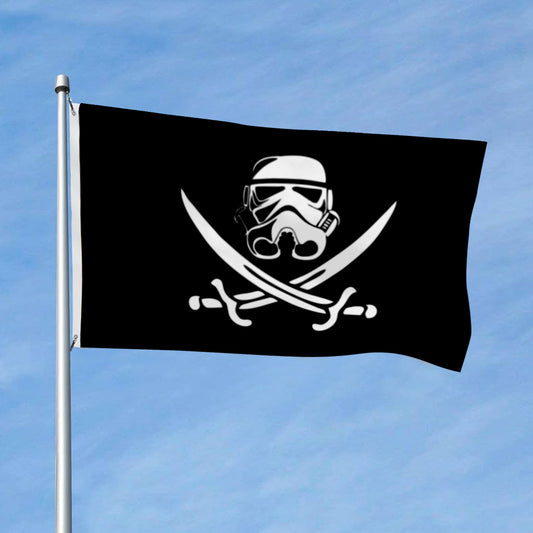 Black flag featuring a white 501st Legion Clone Trooper helmet above crossed pirate-style swords.