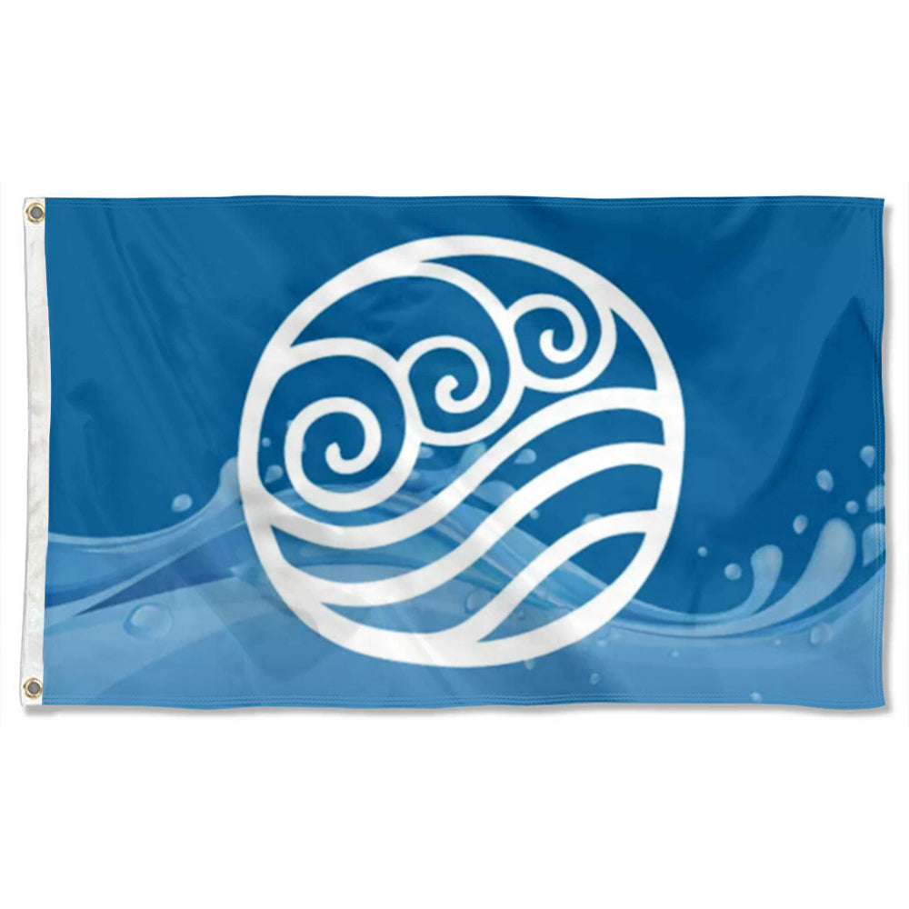 Blue Water Nation flag with white stylized wave and swirl emblem on 3x5ft fabric banner.