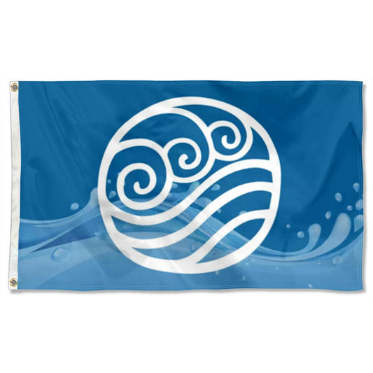 Blue Water Nation flag with white stylized wave and swirl emblem on 3x5ft fabric banner.