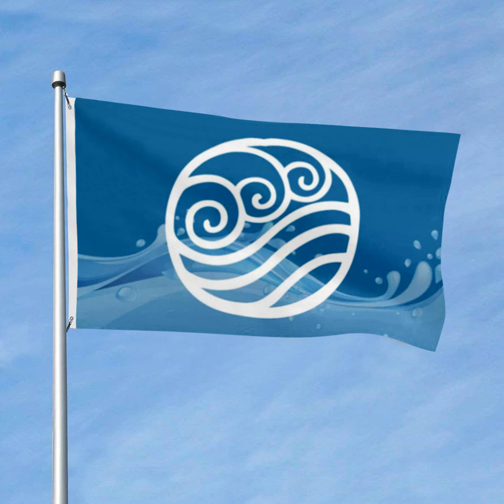 Blue flag with white circular Water Nation emblem and swirling wave patterns flying on a silver flagpole against a clear sky.