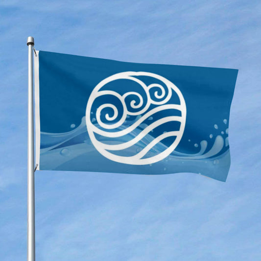 Blue flag with white circular Water Nation emblem and swirling wave patterns flying on a silver flagpole against a clear sky.