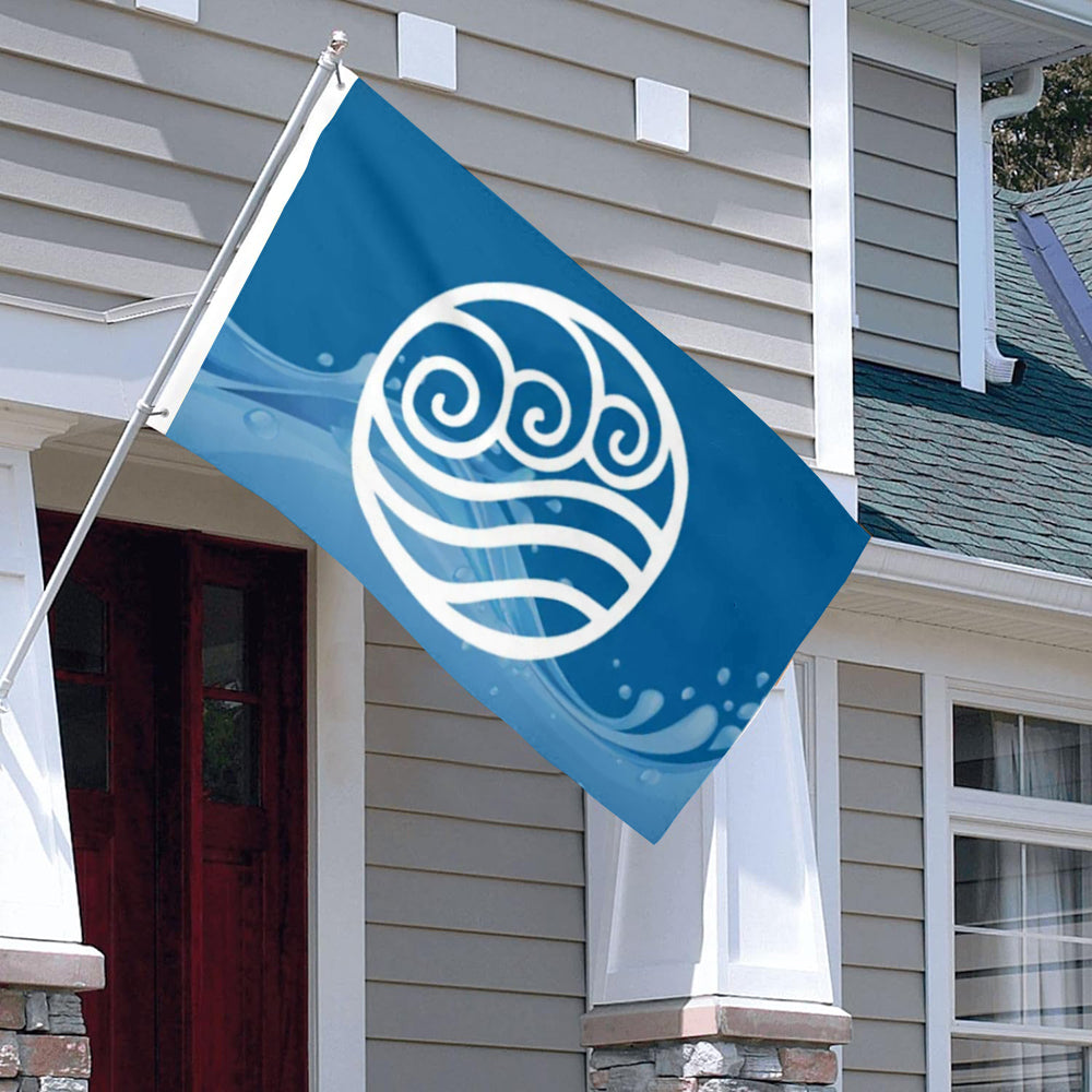 Blue 3x5ft flag with white circular Water Nation wave symbol hanging outside gray house.