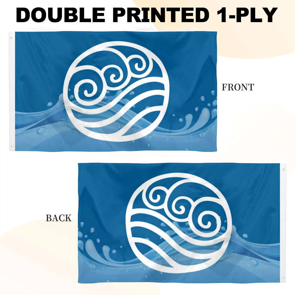 Blue Water Nation banner with white spiral wave emblem, displayed front and back sides.