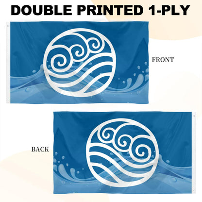 Blue Water Nation banner with white spiral wave emblem, displayed front and back sides.