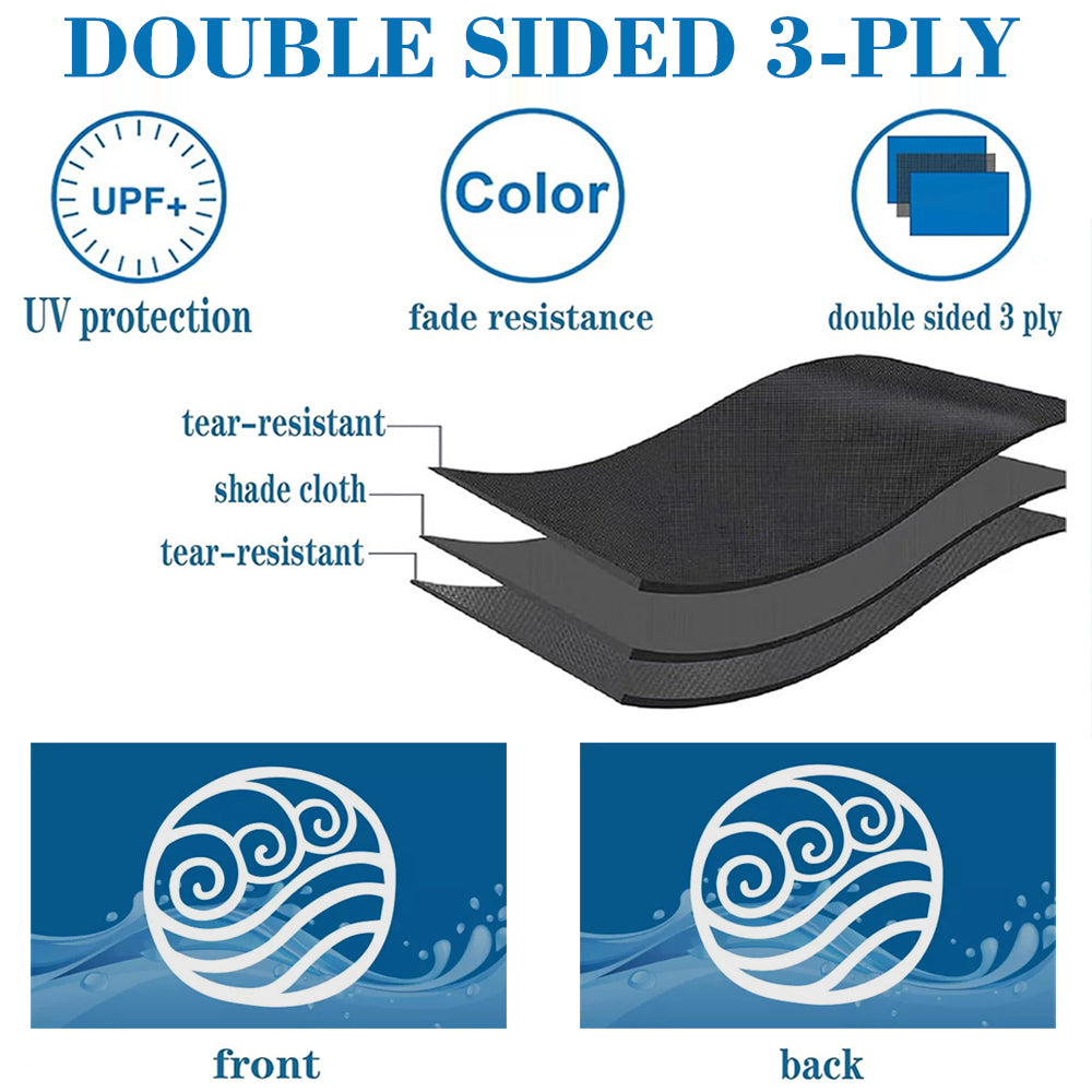 Black triple-layer fabric diagram showing tear-resistant shade cloth with UV protection and color fade resistance, featuring .