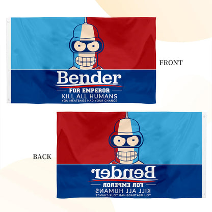 3x5ft Bender for Emperor flag with red, blue, and light blue sections, Bender cartoon face, and text "Bender for Emperor.