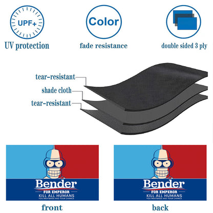 Bender for Emperor flag in red and blue with cartoon robot graphic and white text, displayed with fabric layer diagram.