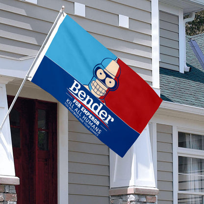 3x5ft Bender for Emperor flag with red, blue, and light blue color blocks and cartoon robot face design.