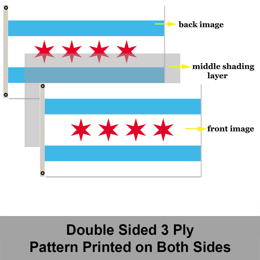 City of Chicago (Illinois, USA) Flag: 3x5ft Man Cave American Illinois City Star-Stripe Style Decor Banner