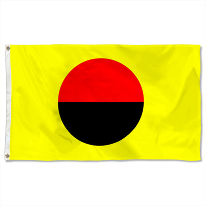 Yellow flag with a large red and black circle centered, grommets on the left edge.
