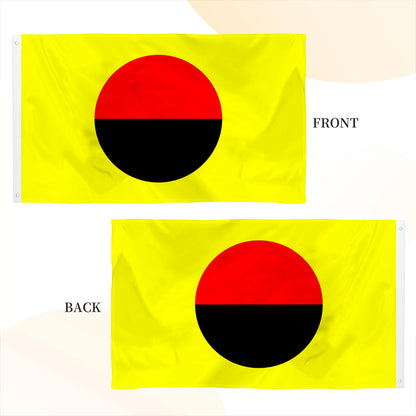 Yellow flag with centered red and black half-circle emblem, shown front and back sides, 3x5ft size.