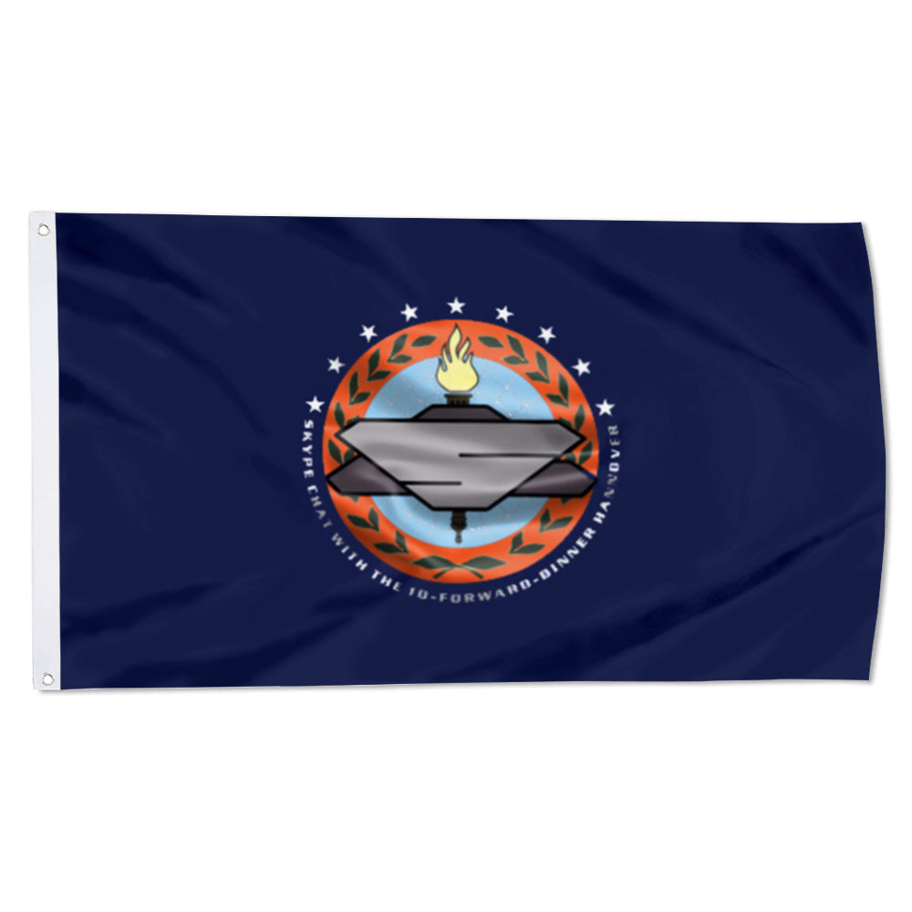 Dark blue 3x5ft flag with circular Earth Alliance Babylon emblem featuring spaceship and stars.