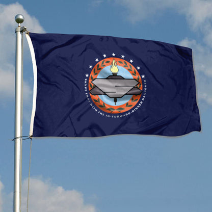 Navy blue Earth Alliance Babylon flag with circular emblem and flame 3x5ft banner flying on silver pole.