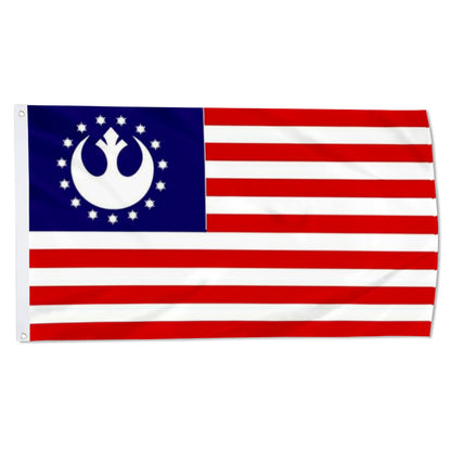 Red and white striped flag with blue canton featuring a white galactic emblem surrounded by stars.