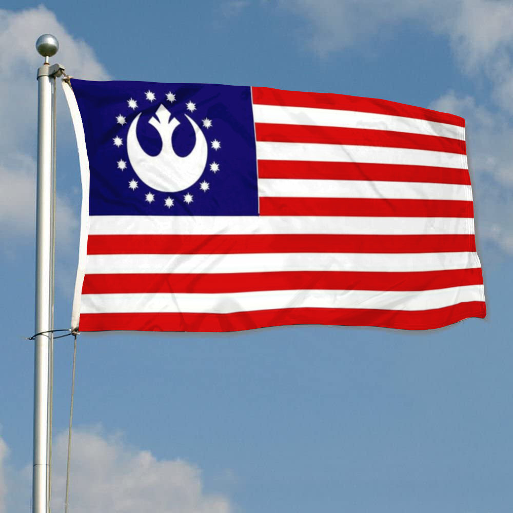Red and white striped flag with blue canton featuring white Galactic Republic symbol and stars, 3x5ft banner.