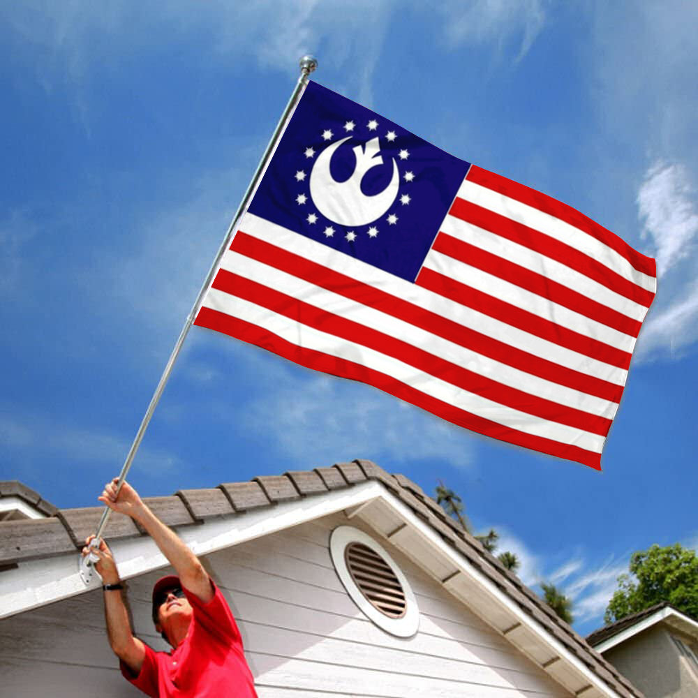 Vintage American flag banner with red and white stripes and blue canton featuring a white Galactic Republic symbol.