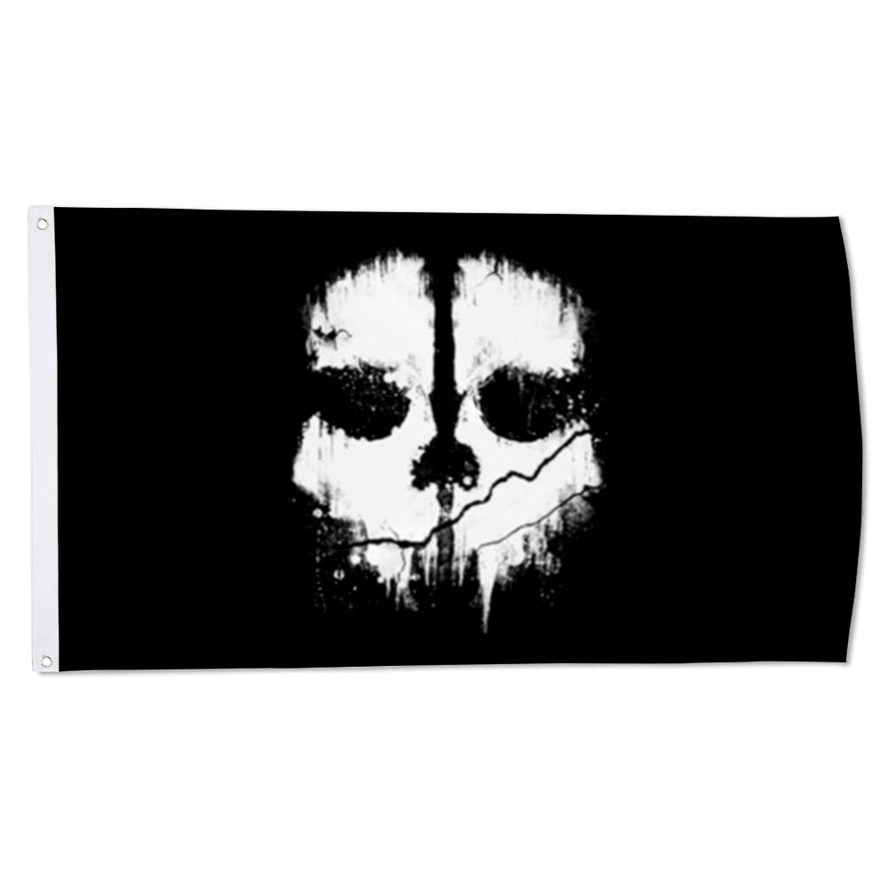 Black flag with distressed white Ghost Face skull design, 3x5 feet, metal grommets on left side.