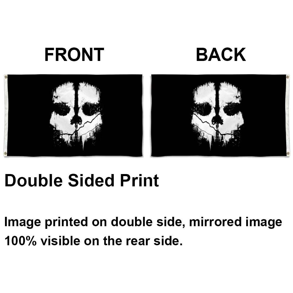 Black 3x5ft double-sided flag with white ghost face design, mirrored on back side.