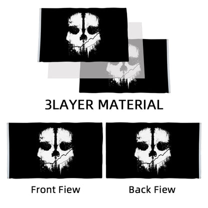 Black Ghost Face flag with white skull mask design, 3-layer material, double-sided print visible.