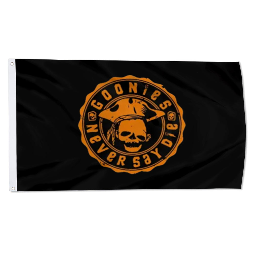 Black flag with orange circular emblem featuring a skull wearing a bandana and the text "Goonies Never Say Die".
