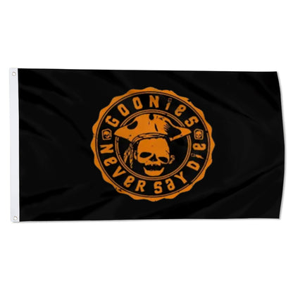 Black flag with orange circular emblem featuring a skull wearing a bandana and the text "Goonies Never Say Die".