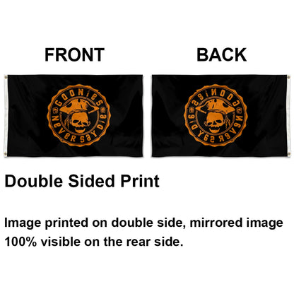 Black 3x5ft flag with orange circular "Goonies Never Say Die" logo and skull design, double-sided print.