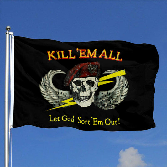 "Kill 'Em All Let God Sort 'Em Out" Military Skull Flag: 3x5ft Man Cave Tactical & Edgy Military Decor Banner