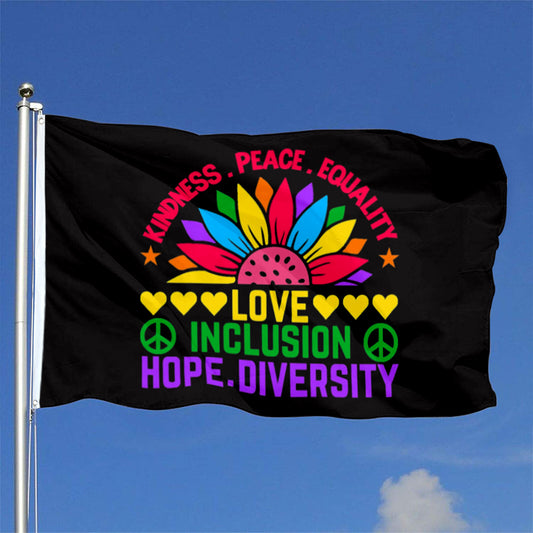 "Kindness, Peace, Equality, Love, Inclusion, Hope, Diversity" Rainbow Sunflower Flag: 3x5ft Man Cave Inclusivity & Hope Decor Banner
