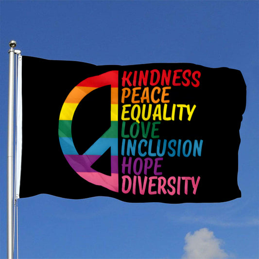 "Kindness, Peace, Equality, Love, Inclusion, Hope, Diversity" Rainbow Peace Flag: 3x5ft Man Cave Inclusivity & Hope Decor Banner