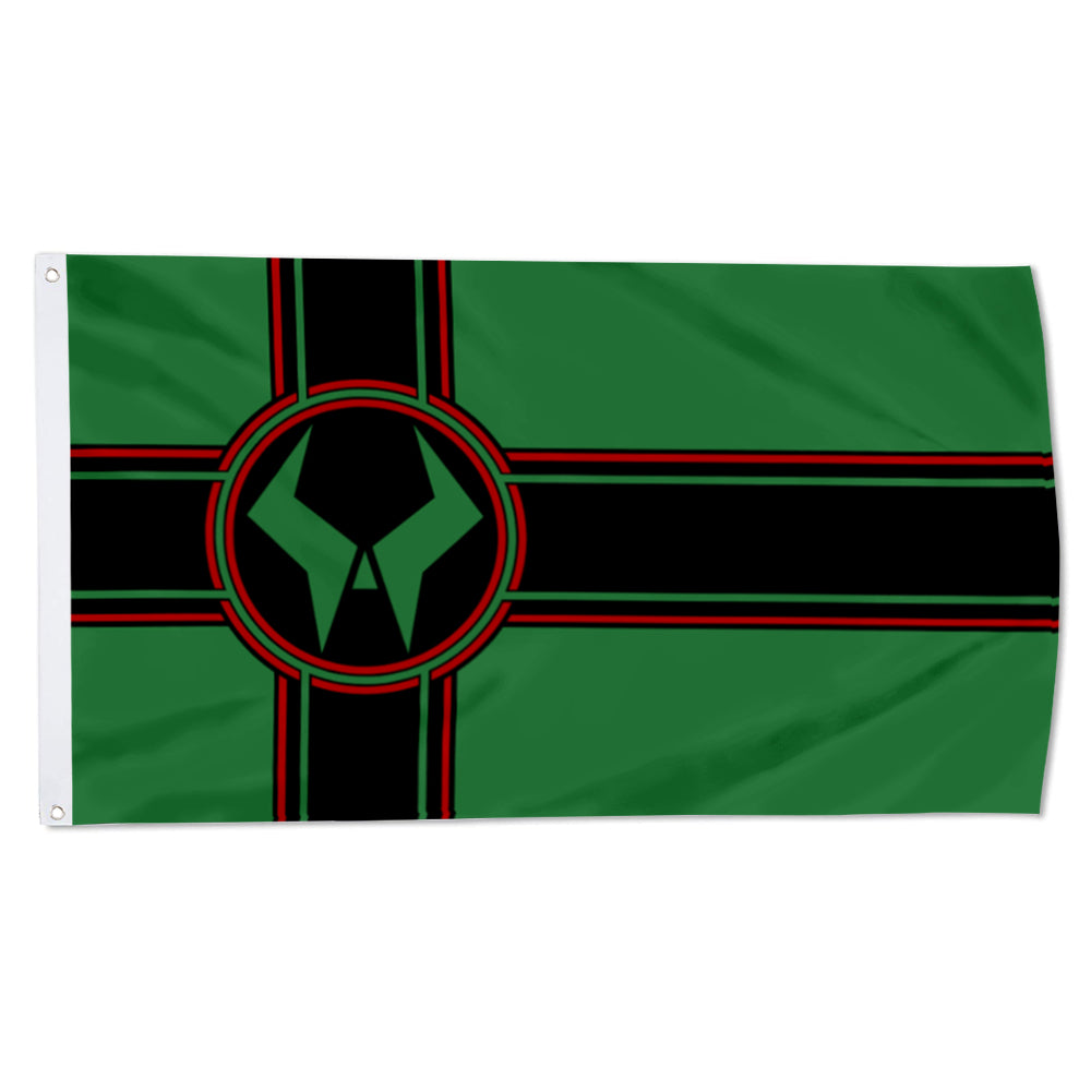 Green Latveria flag with black and red cross and black circular emblem at center, 3x5ft banner.