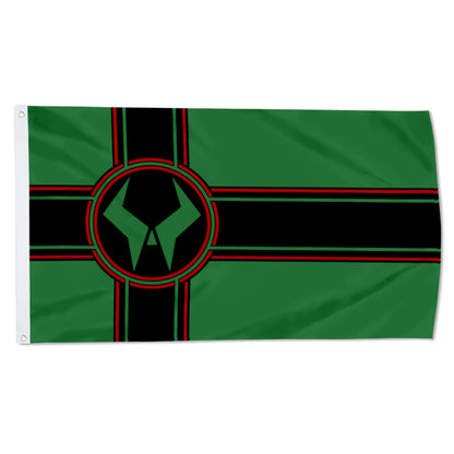 Green Latveria flag with black and red cross and black circular emblem at center, 3x5ft banner.