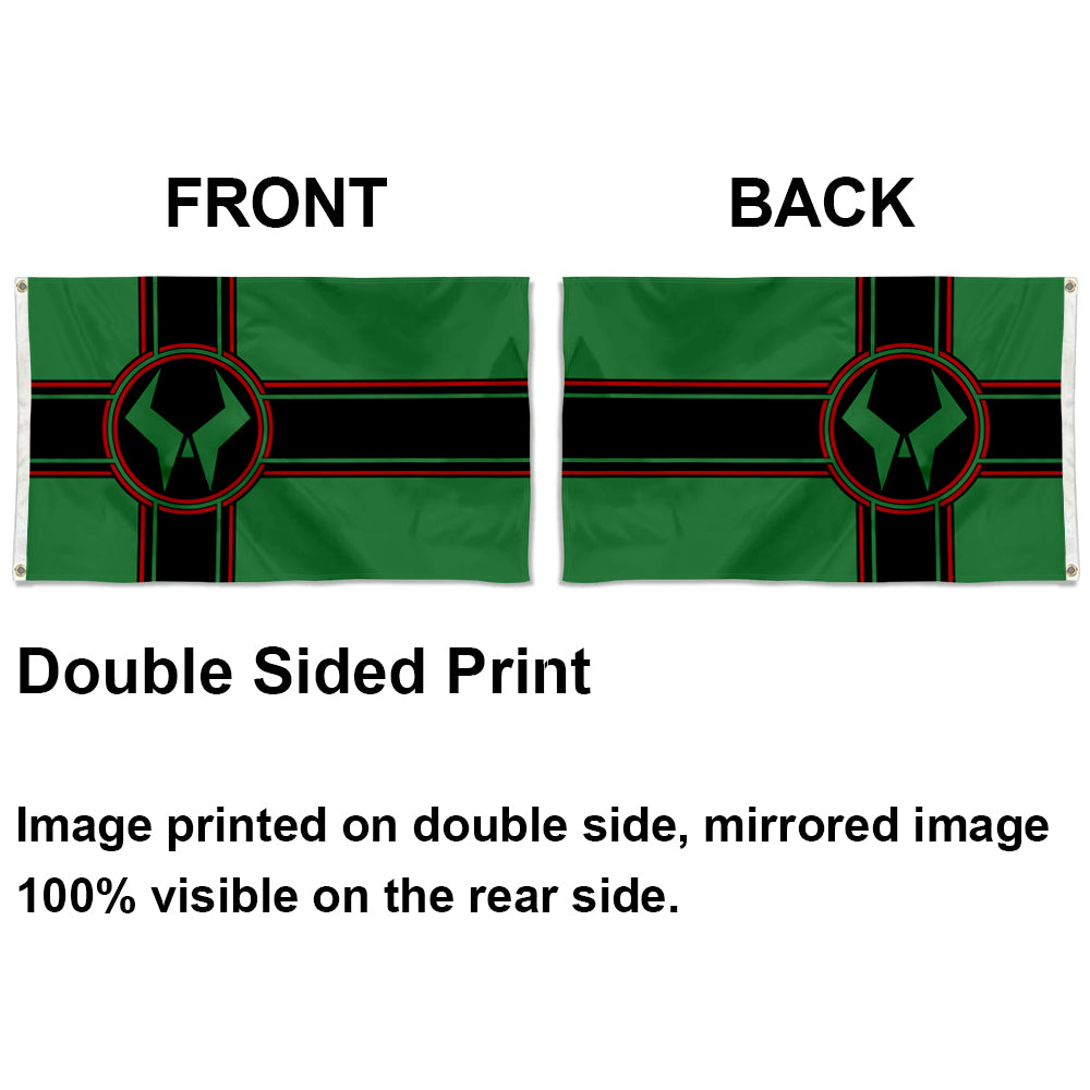 Latveria flag in green with black and red cross design and circular emblem, 3x5ft, double sided print.