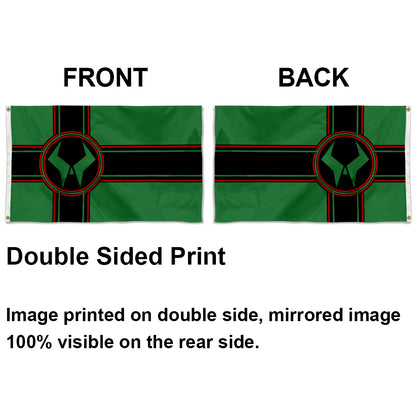 Latveria flag in green with black and red cross design and circular emblem, 3x5ft, double sided print.