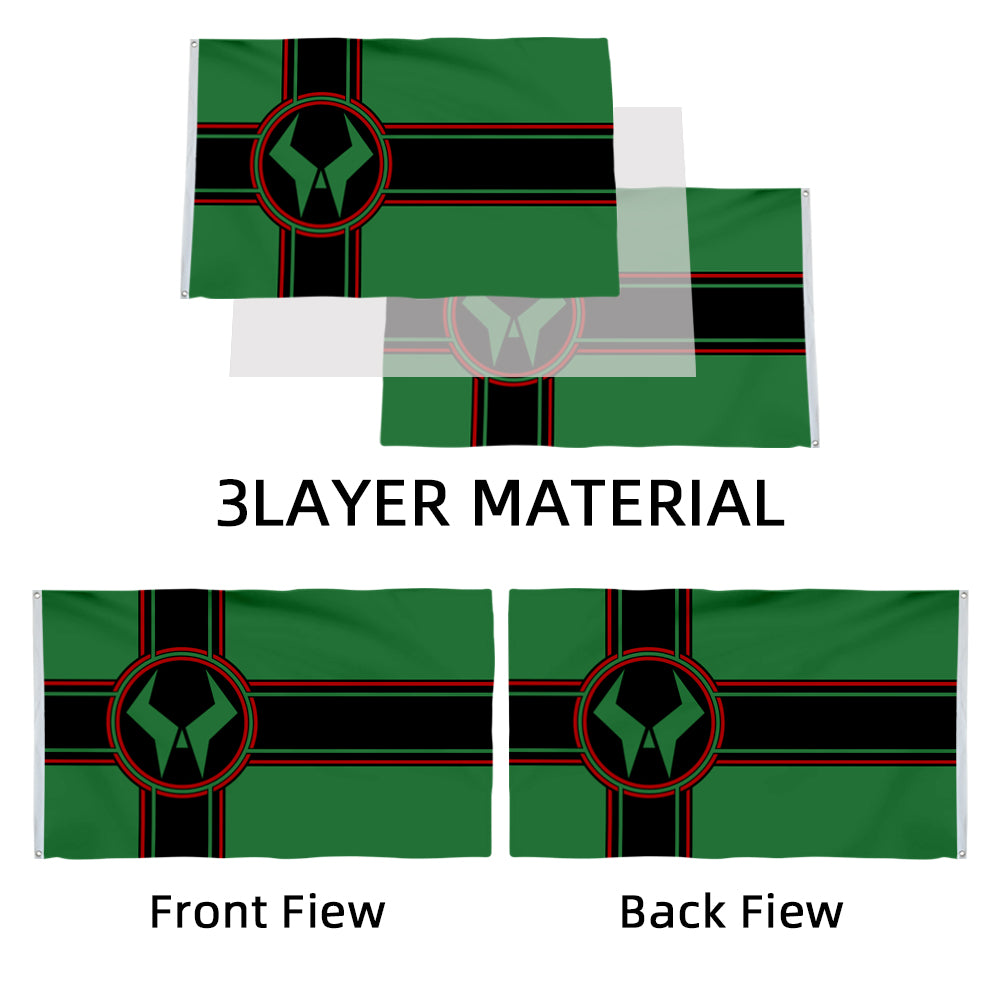 Latveria flag banner with black and red stripes and emblem on green background, shown single and double sided with 3-layer.