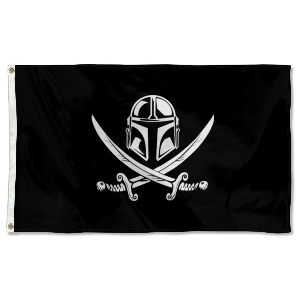 Black flag with silver Mandalorian helmet over crossed pirate swords in Jolly Roger style.