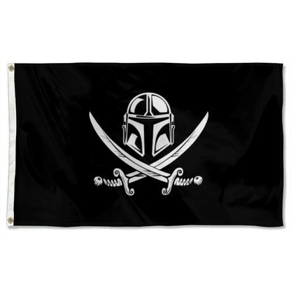 Black flag with silver Mandalorian helmet over crossed pirate swords in Jolly Roger style.